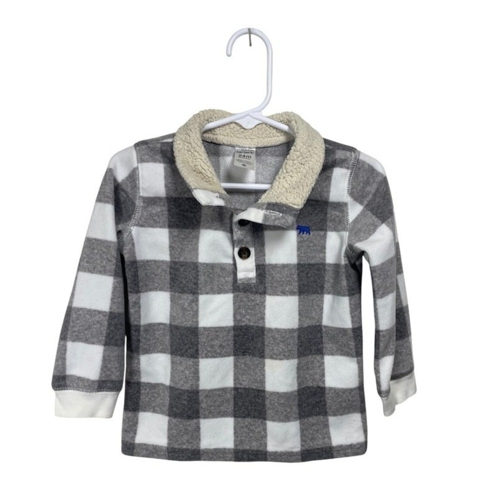 Carters Boys 24M Gray White Buffalo Plaid Sherpa Collar Pullover Top Toddler